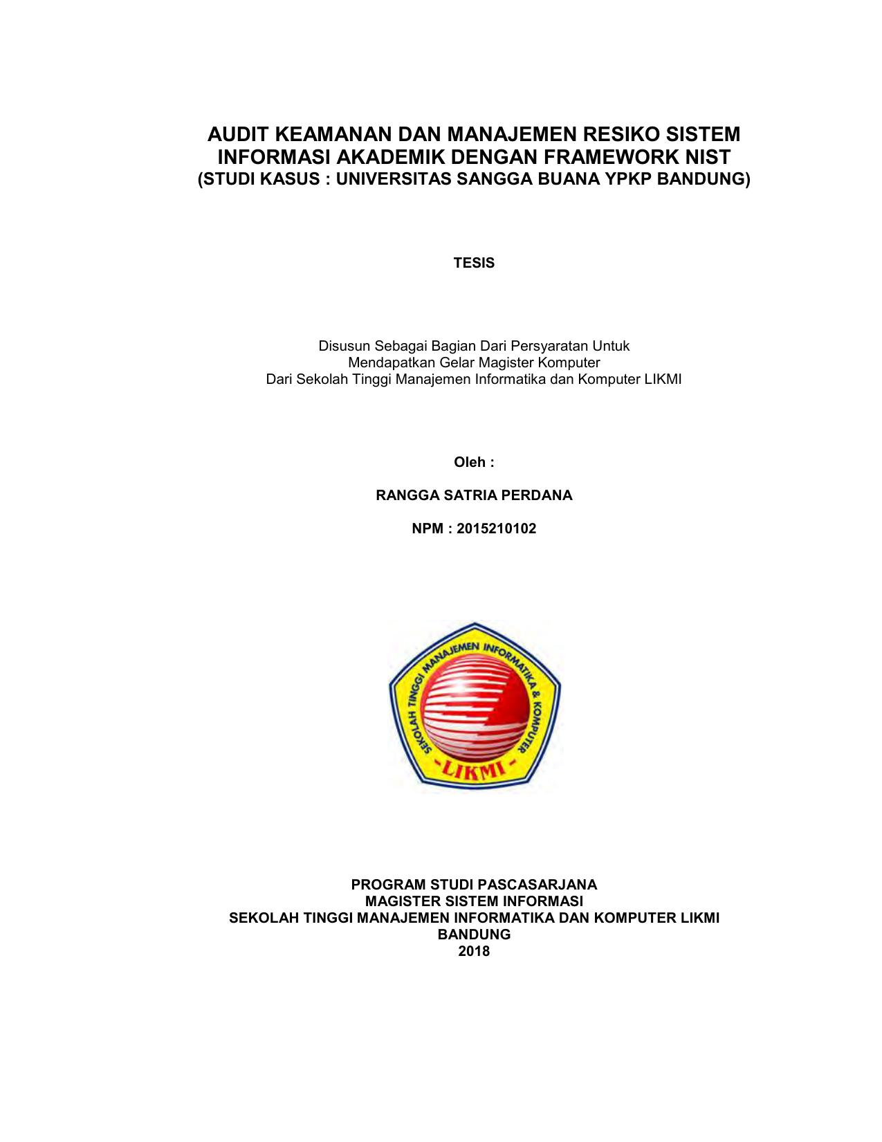 AUDIT KEAMANAN DAN MANAJEMEN RESIKO SISTEM INFORMASI AKADEMIK DENGAN FRAMEWORK NIST (SK : UNIVERSITAS SANGGA BUANA YPKP BANDUNG)