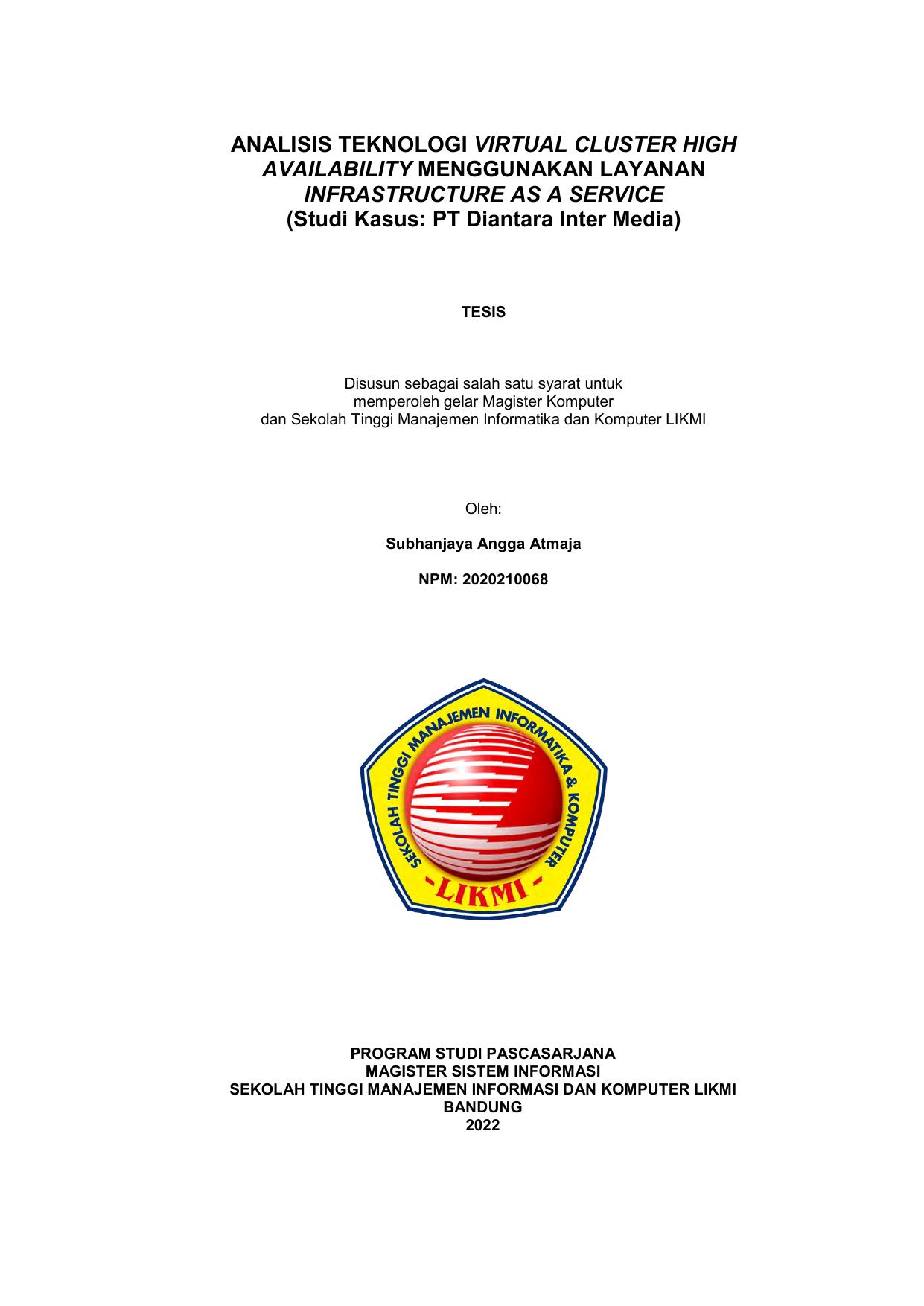 ANALISIS TEKNOLOGI VIRTUAL CLUSTER HIGH AVAILABILITY MENGGUNAKAN LAYANAN INFRASTRUCTURE AS A SERVICE (STUDI KASUS: PT. DIANTARA INTER MEDIA)