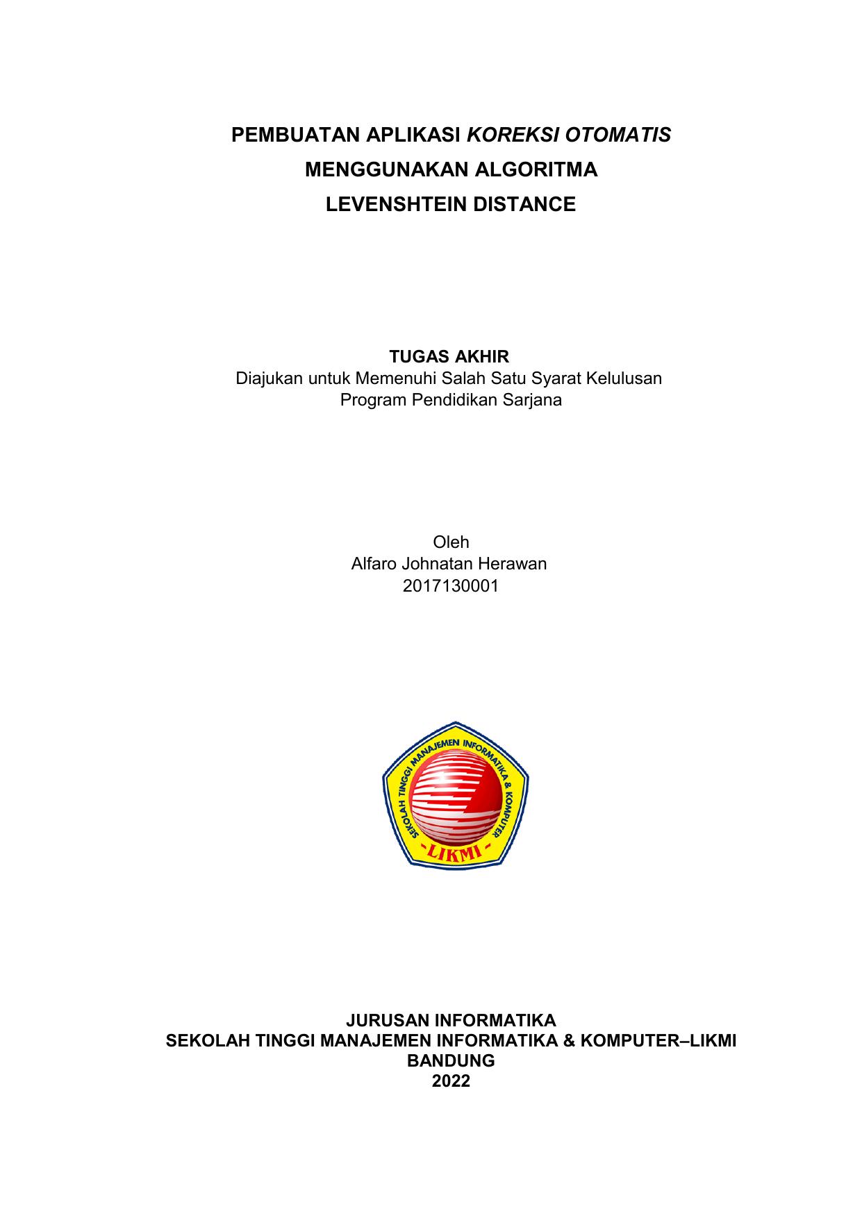 PEMBUATAN APLIKASI KOREKSI OTOMATIS MENGGUNAKAN ALGORITMA LEVENSHTEIN DISTANCE