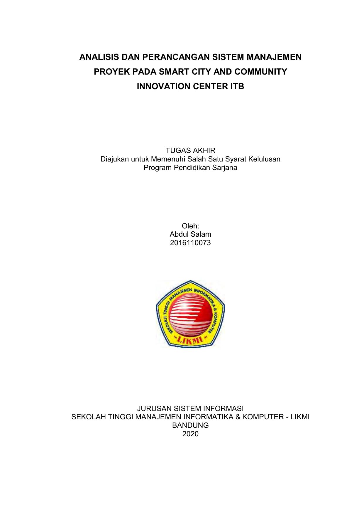 ANALISIS DAN PERANCANGAN SISTEM MANAJEMEN PROYEK PADA SMART CITY AND COMMUNITY INNOVATION CENTER ITB