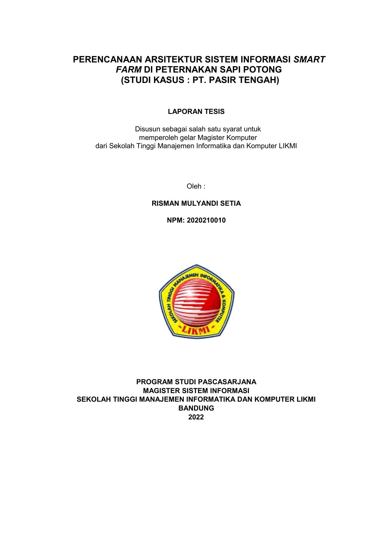 PERENCANAAN ARSITEKTUR SISTEM INFORMASI SMART FARM DI PETERNAKAN SAPI POTONG (STUDI KASUS: PT. PASIR TENGAH)