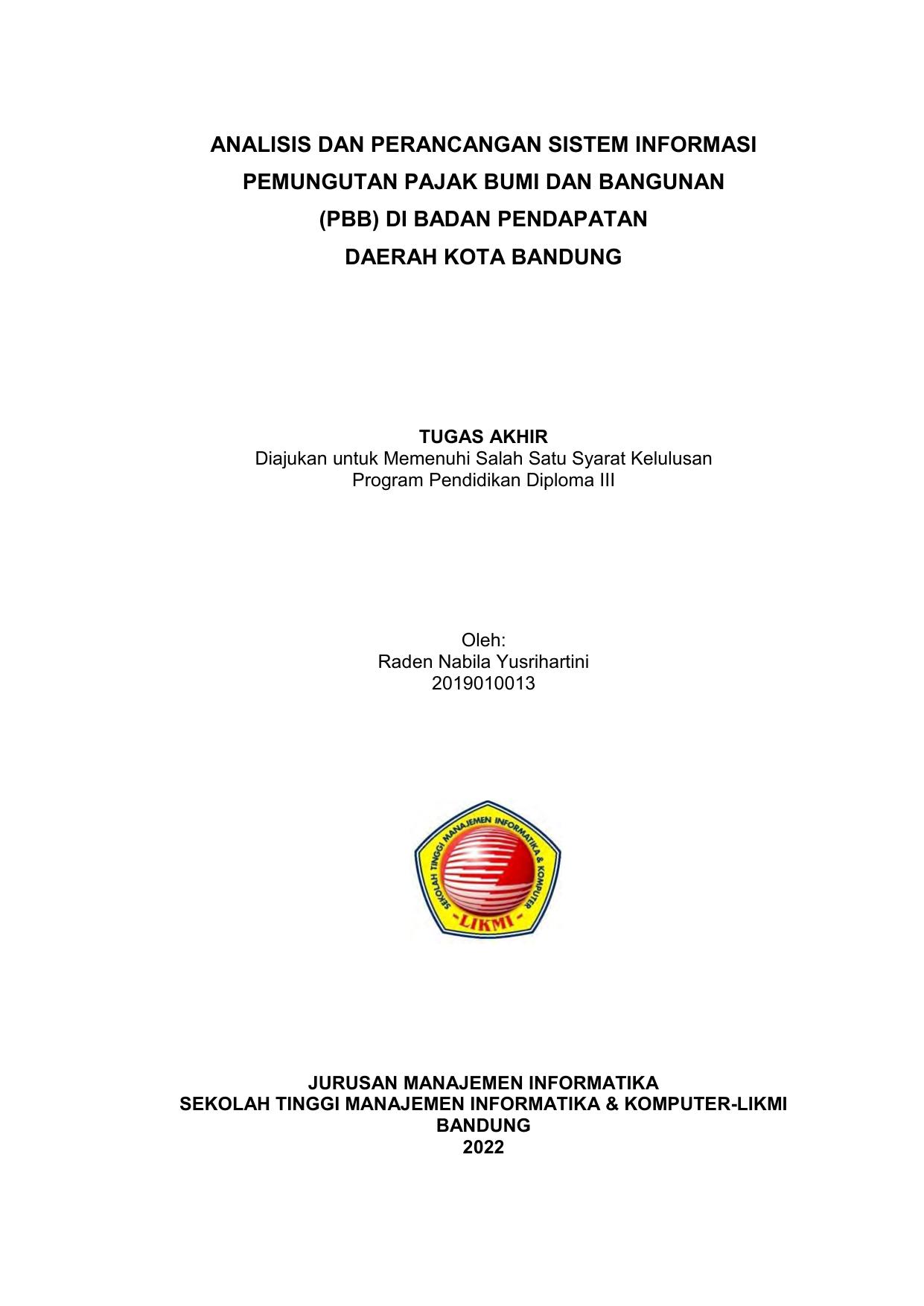 ANALISIS DAN PERANCANGAN SISTEM INFORMASI PEMUNGUTAN PAJAK BUMI DAN BANGUNAN (PBB) DI BADAN PENDAPATAN DAERAH KOTA BANDUNG