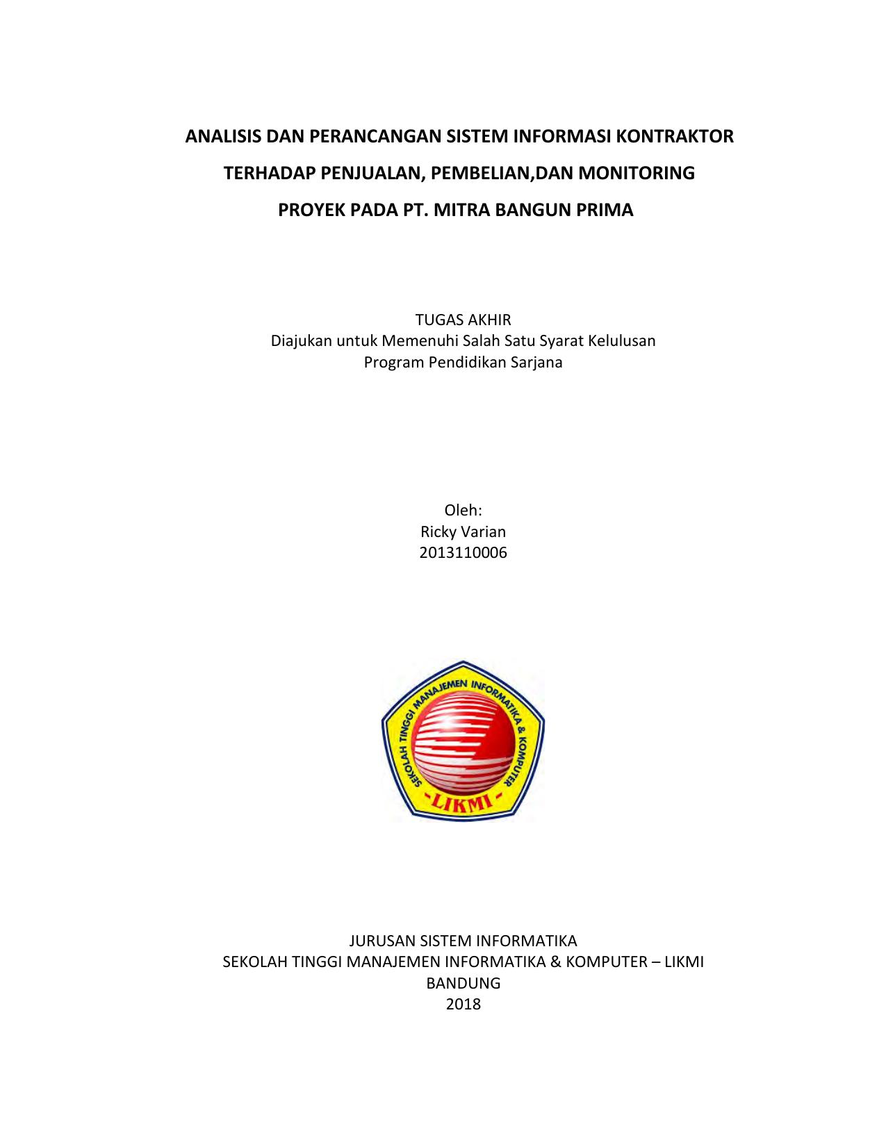 ANALISIS DAN PERANCANGAN SISTEM INFORMASI KONTRAKTOR TERHADAP PENJUALAN, PEMBELIAN, DAN MONITORING PROYEK PADA PT. MITRA BANGUN PRIMA