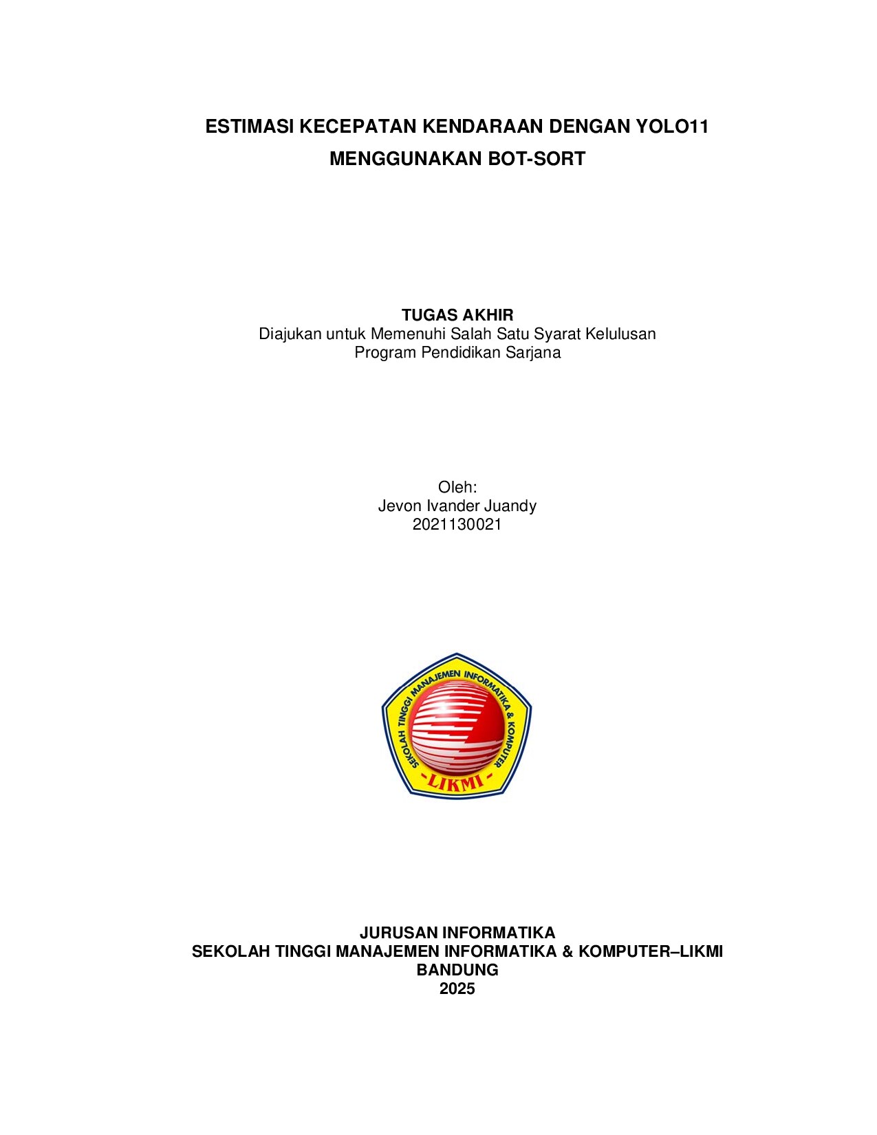 ESTIMASI KECEPATAN KENDARAAN DENGAN YOLO11  MENGGUNAKAN BOT-SORT