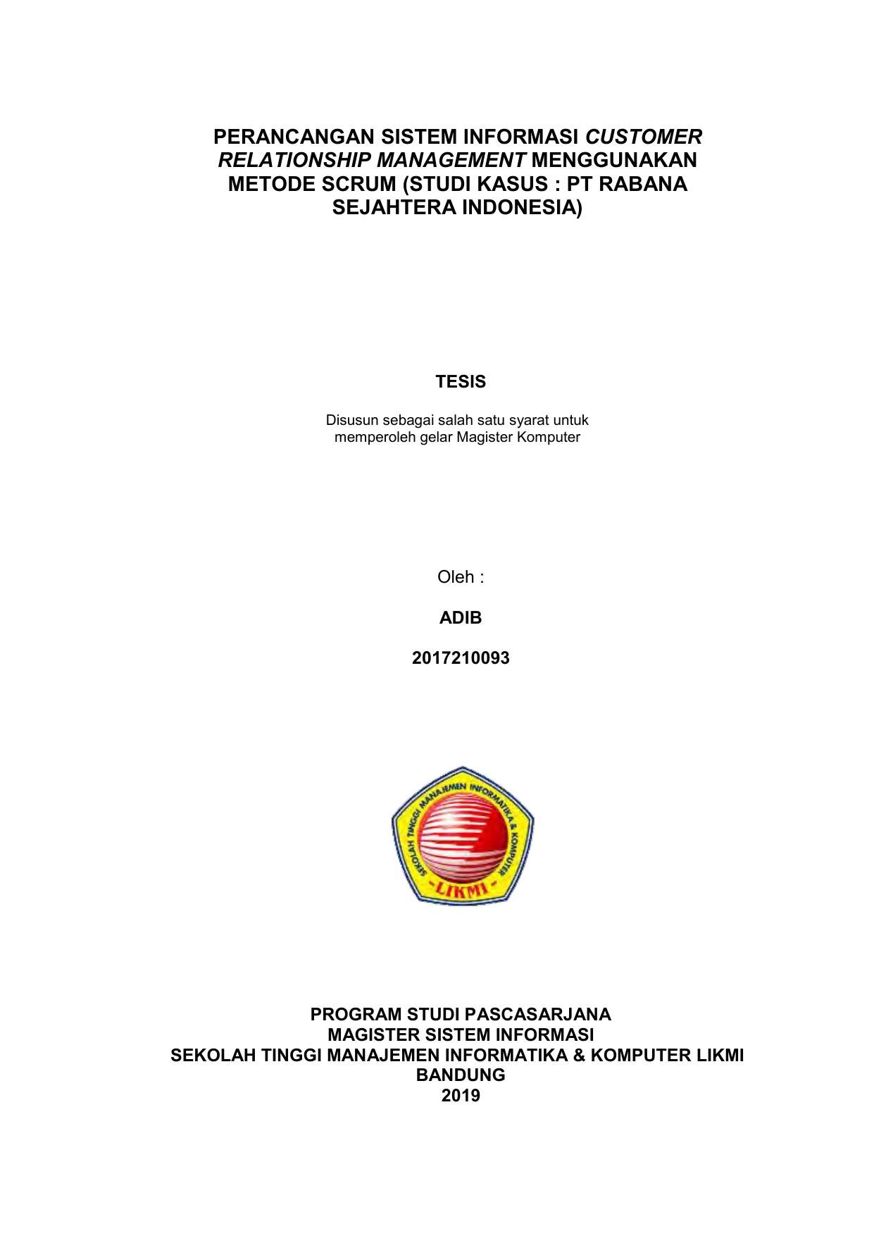 PERANCANGAN SISTEM INFORMASI CUSTOMER RELATIONSHIP MANAGEMENT MENGGUNAKAN METODE SCRUM (STUDI KASUS : PT. RABANA SEJAHTERA INDONESIA)